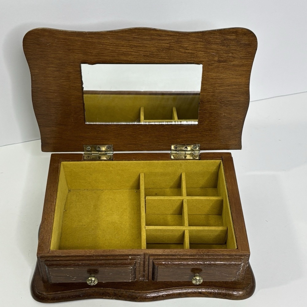 Vintage Wood Jewelry Box With Mirror Yellow Velvet Lining